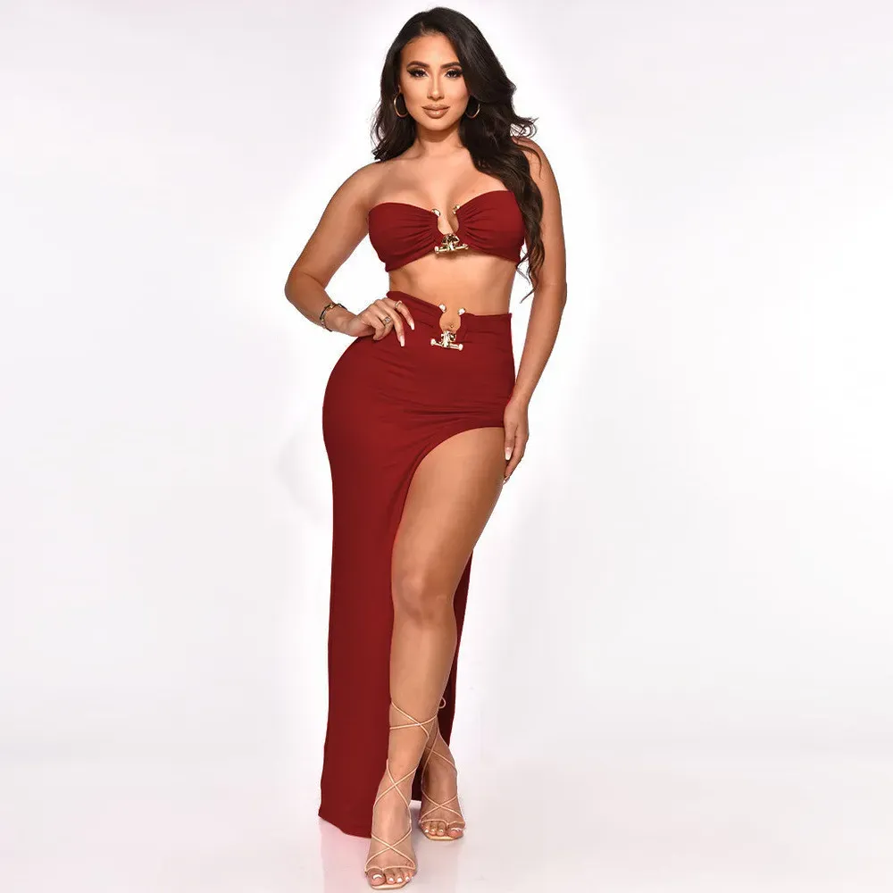 2024 Designer Sexy Strapless Crop Top and Split Dress Two Piece Sets Women Irregular Metal Decorate Skirt Suits Party Night Club wear Wholesale Clothes 9687