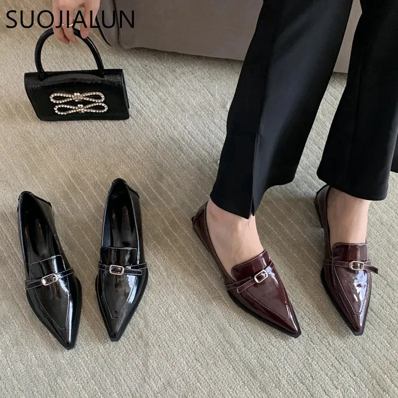 Suojialun Spring Square Low Heel Women Pumps skor Fashion Point Toe Slip On Loafer Shoes Casual Dress Lady Pumps SHO 240228