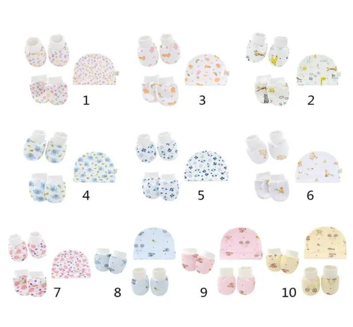 Baby Cartoon Antiscratch Gloves Hat Foot Cover Set Handguard Cotton Mittens Beanie Cap Socks Kit For Spädbarn Född P15C Children01356810