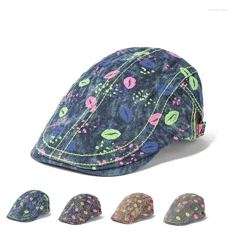 Berets 2024 Four Seasons Cotton Print Sboy Caps Flat Peaked Cap Men And