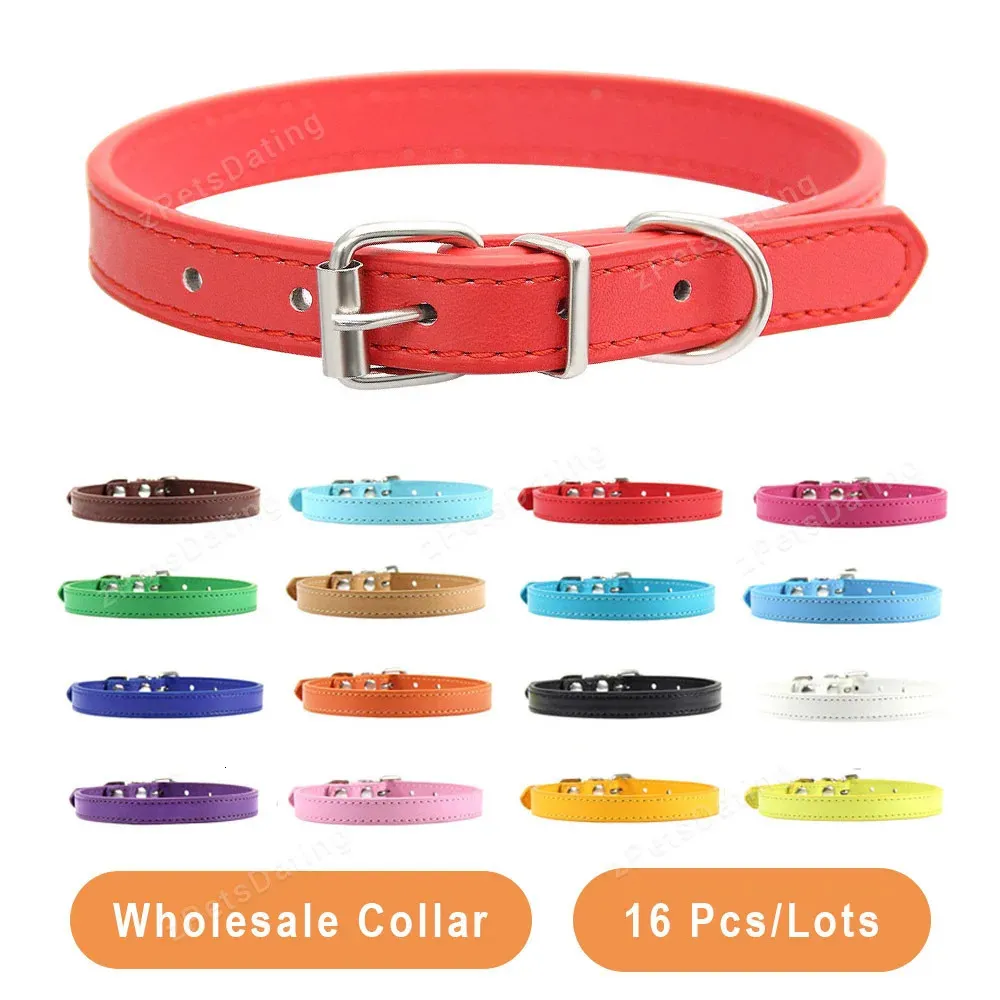 Partihandel 16 PCS Pet Collar Solid Pu Leather Puppy Collar för små medelstora stora hundar katthalsstjärnor Tillbehör 240226