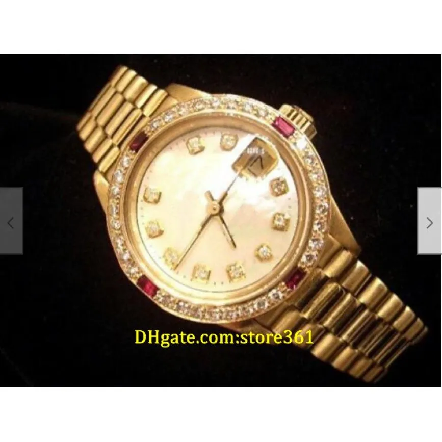 20 stijl vrijetijdskleding mechanisch automatisch 26 mm dames 18K geel goud president horloge wit MOP diamant Rubies251A