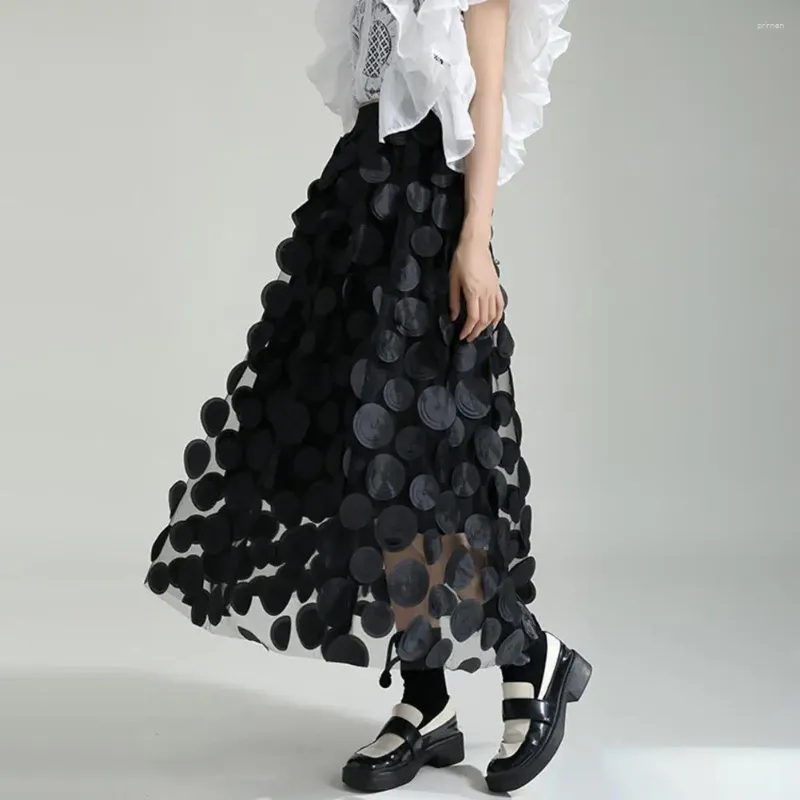 Kjolar stor hem kjol vintage a-line maxi med 3d prick dekor elastisk midja kvinnors retro fasta färg lång sommar tyll mesh