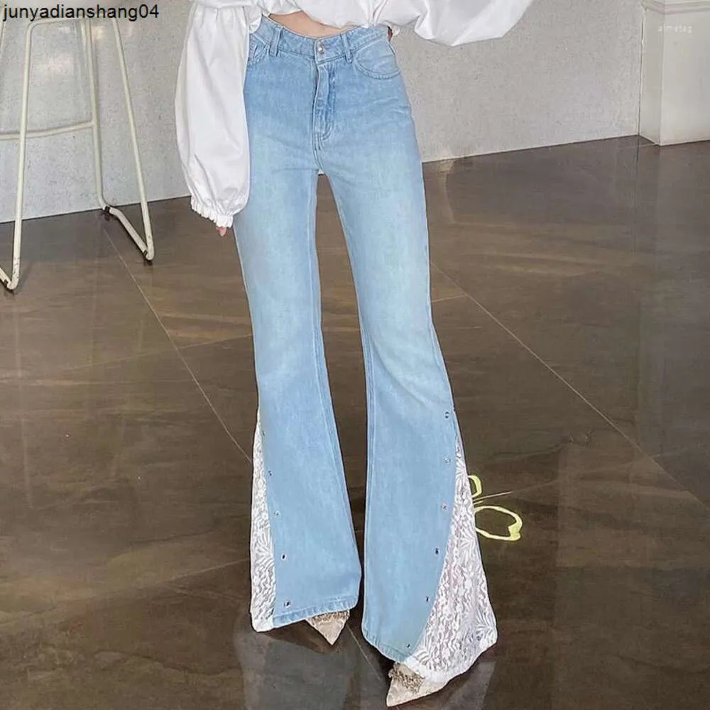 Womens Jeans Wide Leg Women Lace Patchwork High Waisted Light Blue Bell Jean Ladies Elegant Summer Korean Vintage Pants Mom Spring