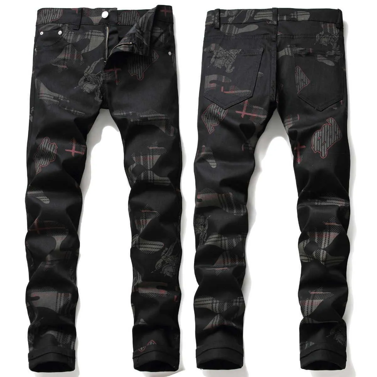 2021 outono design de moda impresso preto estiramento jeans masculino marca high-end personalizado calças de moda casual