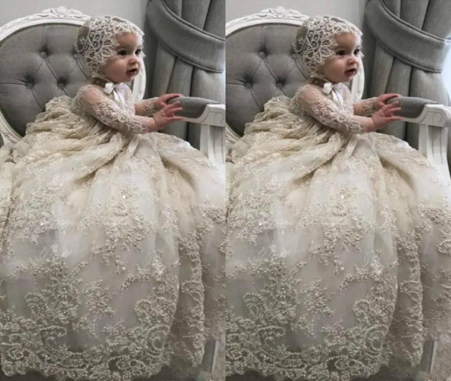 White Ivory Christening Gown for Little Kids O Neck Long Sleeve Lace Pearls First Communion Dress Toddler Infant Baptism Gowns5906403