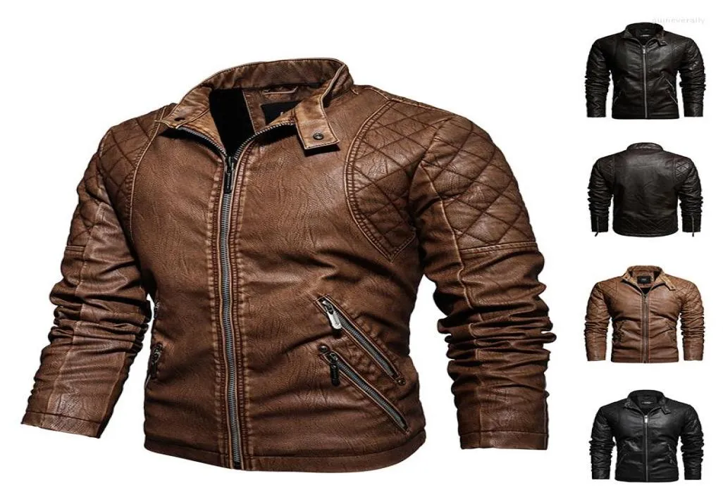 Men039s Kurtki kurtka motocyklowa jesienna zimowa płaszcz męski fałszywy skóra Jaket Man Casual Brown Moto Biker Zipper polar Men9120480