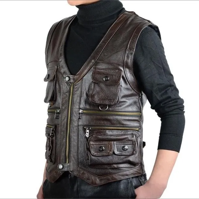 Cowhide Genuine Leather Vest Men Brown Waistcoat Male Sleeveless Jacket Thick High Quality Motorcycle Multi Pocket Zipper 2109232865345