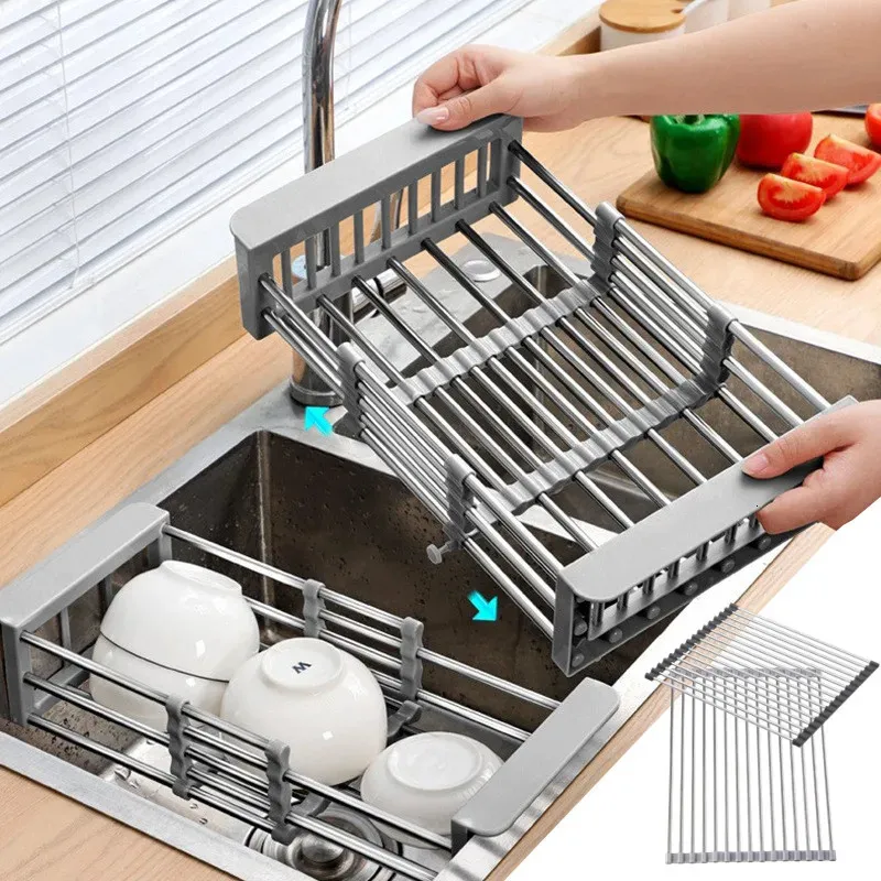 Foldable Stainless Steel Sink Dish Drainer Dish Drying Rack Fruit Vegetable Washing Drainer Bowl Tableware Plate Storage Tools 240227