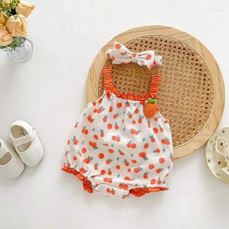 Rompertjes MILANCEL 2024 Zomer Babybody's Wafel Baby Meisjes Kleding Fruit Print Peuter Een Stuk Met Hoofdband