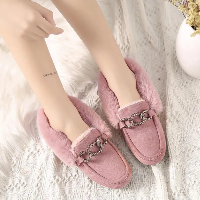 Casual Shoes Cotton Woman Mwtal Chain Decoration Fur Flats Socofy Warm Plush Moccasins Ladies Slip On Loafers Furry Creeperss563