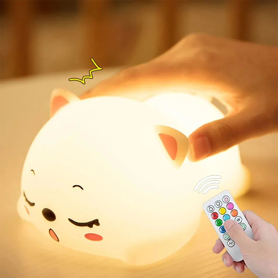 Cat LED Night Light Touch Sensor Remote Control Colorful Silicone USB uppladdningsbar sovrum Bedside Lamp för barn baby gåva 240227