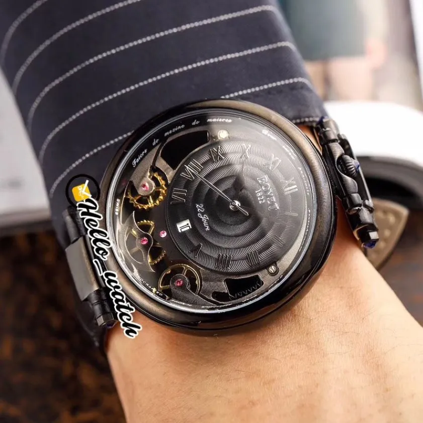 46mm Bovet 1822 Tourbillon Amadeo Fleurie Relógios Automáticos Relógio Masculino PVD Caixa de Aço Preto Marcadores Romanos Mostrador Esqueleto Couro St243v