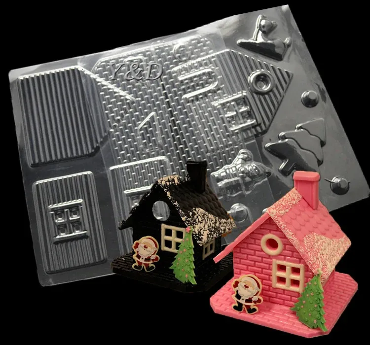 Xmas Candy House Mould With Santa Claus Deer Tree Chocolate Molds4 PcsSet 3D Clear Plastic For Christmas Decoration Gift 240220