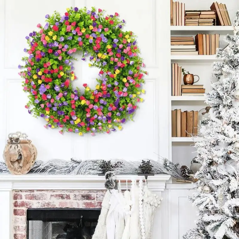 Couronne de simulation de fleurs décoratives, en plastique artificiel, cadeau lumineux, fabriqué à la main, décoration de printemps et d'été, pendentif de porte de plante coloré