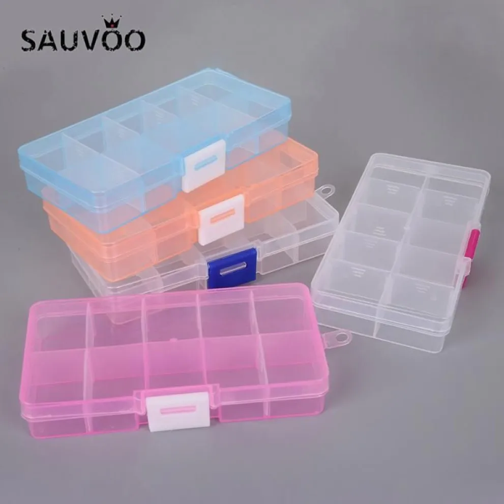 Sauvoo 10 15 rutnät justerbar rektangel transparent plastlagringslåda för små smycken verktygskomponentlådor organisator2585