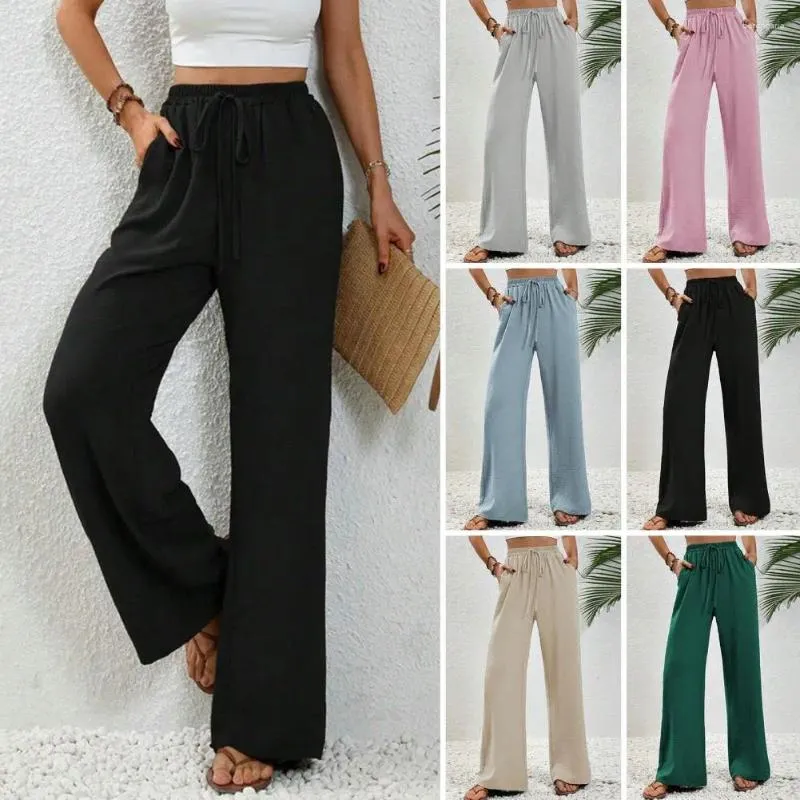 Pantalon de Yoga à jambes larges pour femmes, taille élastique, confortable, avec poches plissées à entrejambe haut, doux