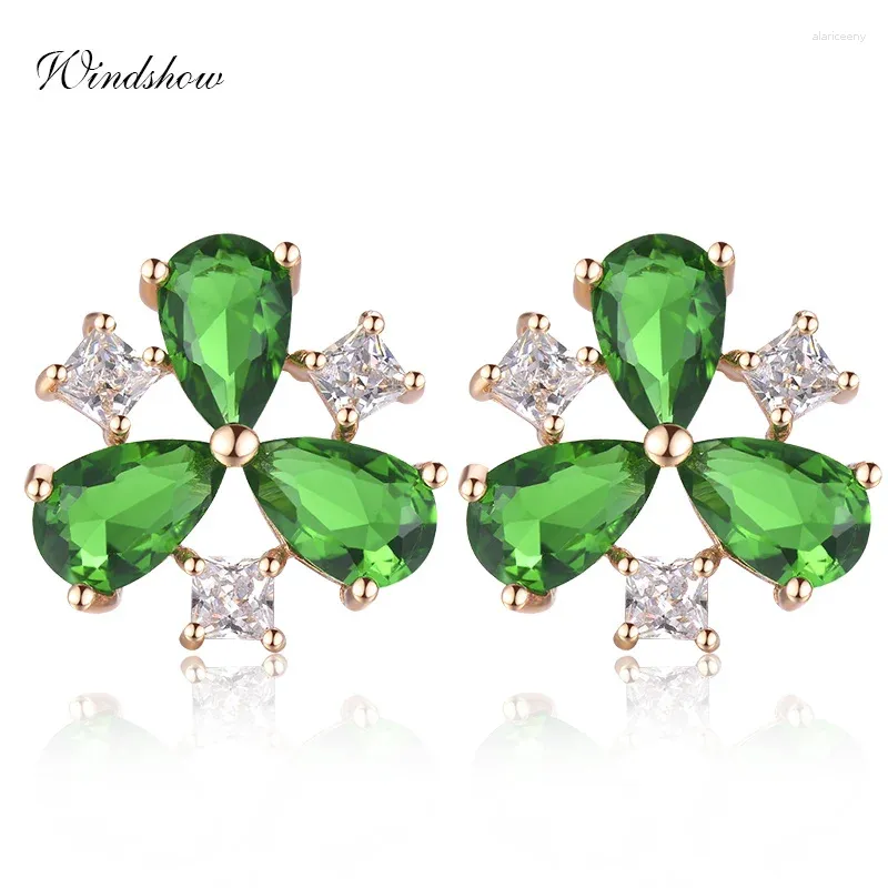 Stud Earrings Three Petals Clover Green CZ Zircon Triangle Flower For Women Girls Brass Gold Color Jewelry Aros Aretes Orecchini