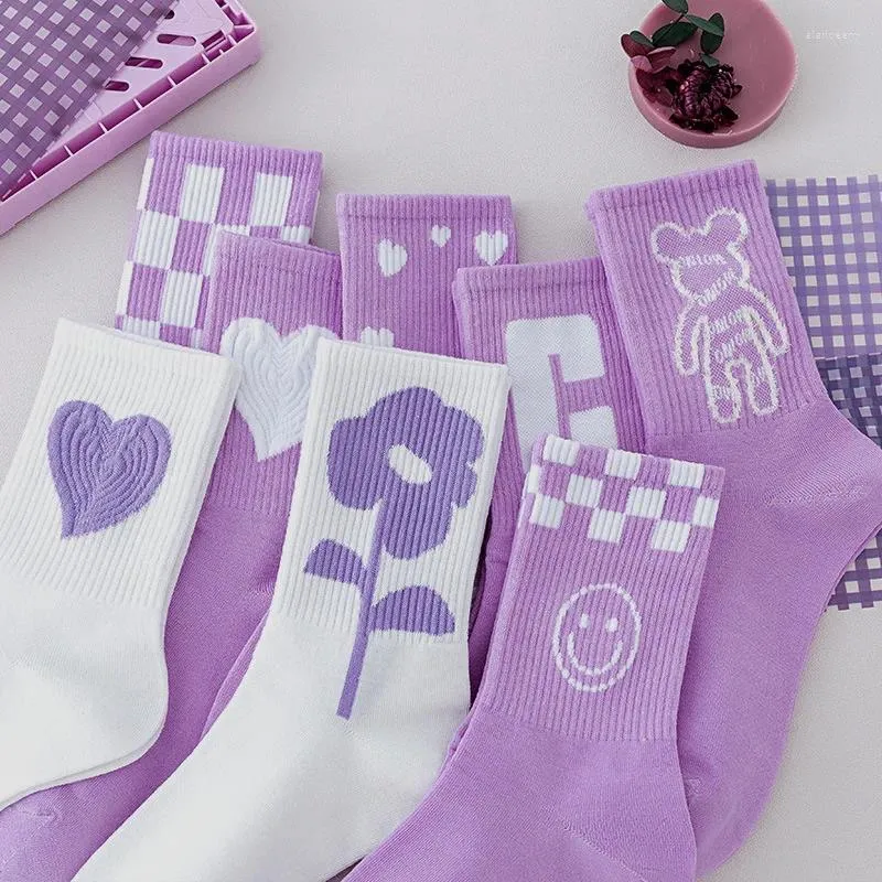 Women Socks Purple/White Big Love Flower Lattice Cute Girl Mid-tube Kawaii Student Sport JK Lolita Simple Fashionable