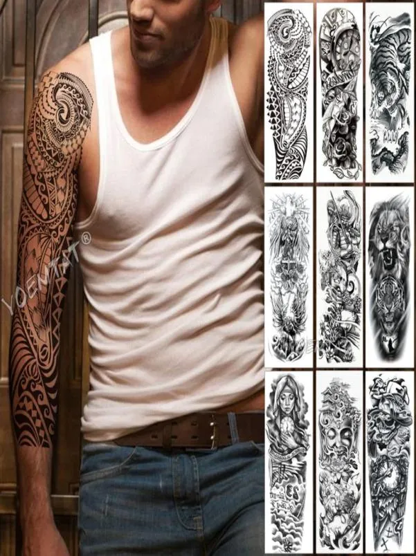 Stor armhylsa tatuering maori kraft totem vattentät tillfällig tatuering klistermärke krigare samurai ängel skalle män full svart tatu t203609235