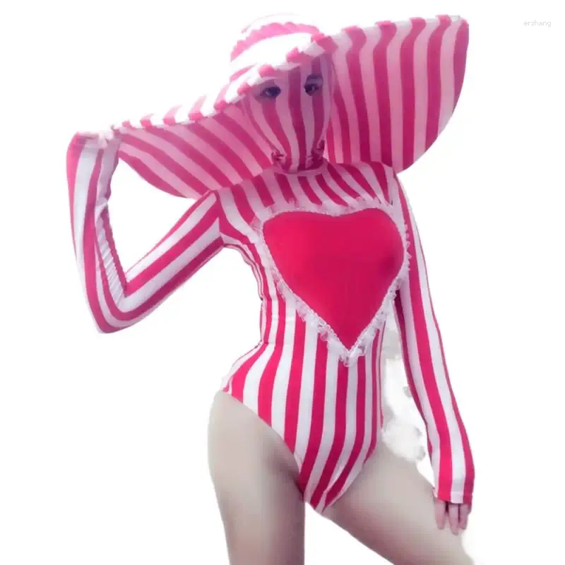 Stage Wear Rouge Blanc Rayé Stretch Skinny Body Big Hat Discothèque Femme Chanteuse Danseuse DJ Costume De Danse Bar Party Rave Vêtements