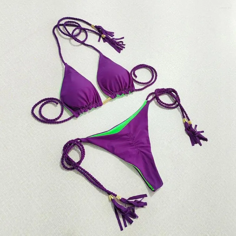 Women's Swimwear Sexy Women Bikini Set Stylish Sets With Tassels Lace-up Briefs For Summer Beachwear Backless Triangle Swimsuit