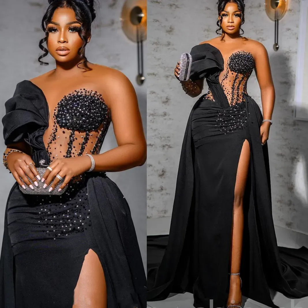 2024ARABIC ASO EBI Black Mermaid Prom Dresses Crystes Crystals Evening Party Second Secime Disparty Condragement Dragement Dragement