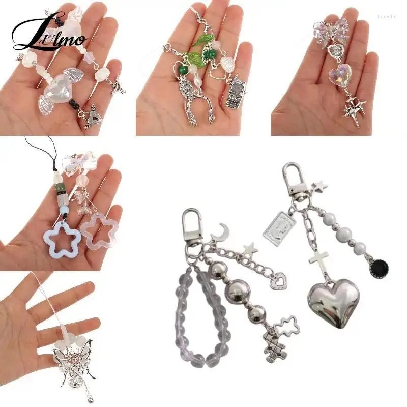 Nyckelringar Telefon Charmband Y2K Keychain Kawaii-Cut Pendant Jewelry Keyring Lanyard String Black Cross-Bow Beaded Chain for Women Girl