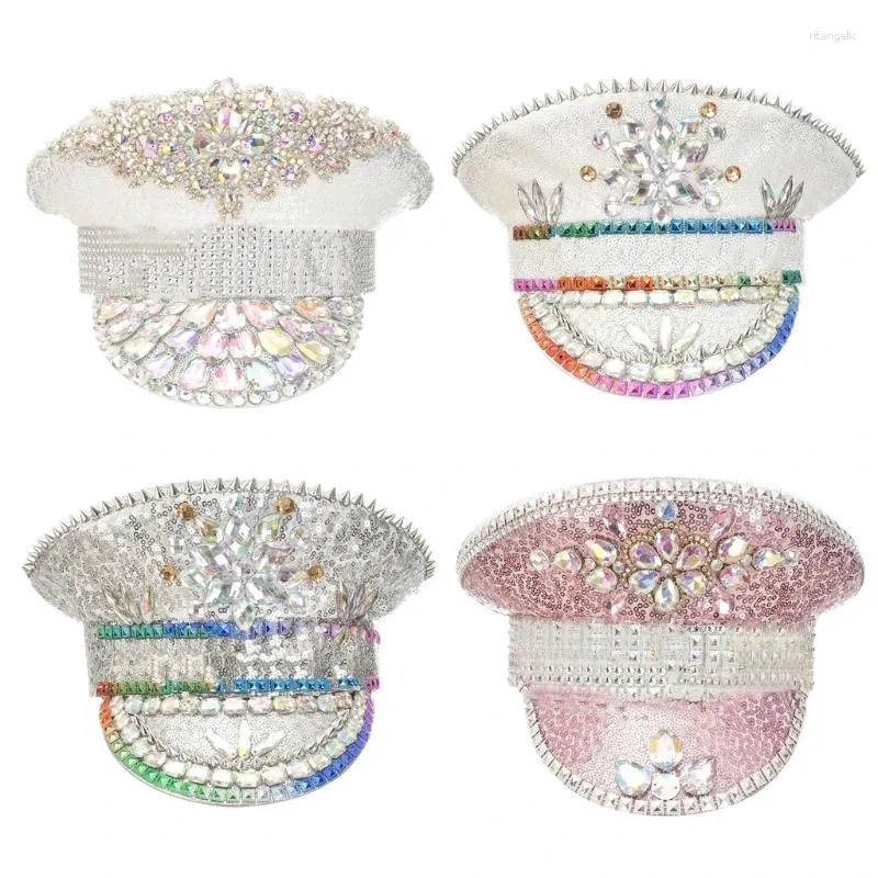 Bérets Chapeau de mariée à paillettes blanches avec perles incrustées pour la fête de fiançailles de mariage