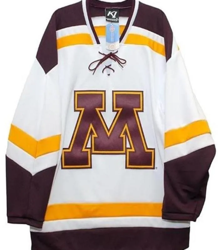 RERA Men Real Bordado Completo Minnesota Gophers Home Branco Ouro Terceiro 100 Bordado Hóquei Jersey ou personalizado qualquer nome ou número J3618155