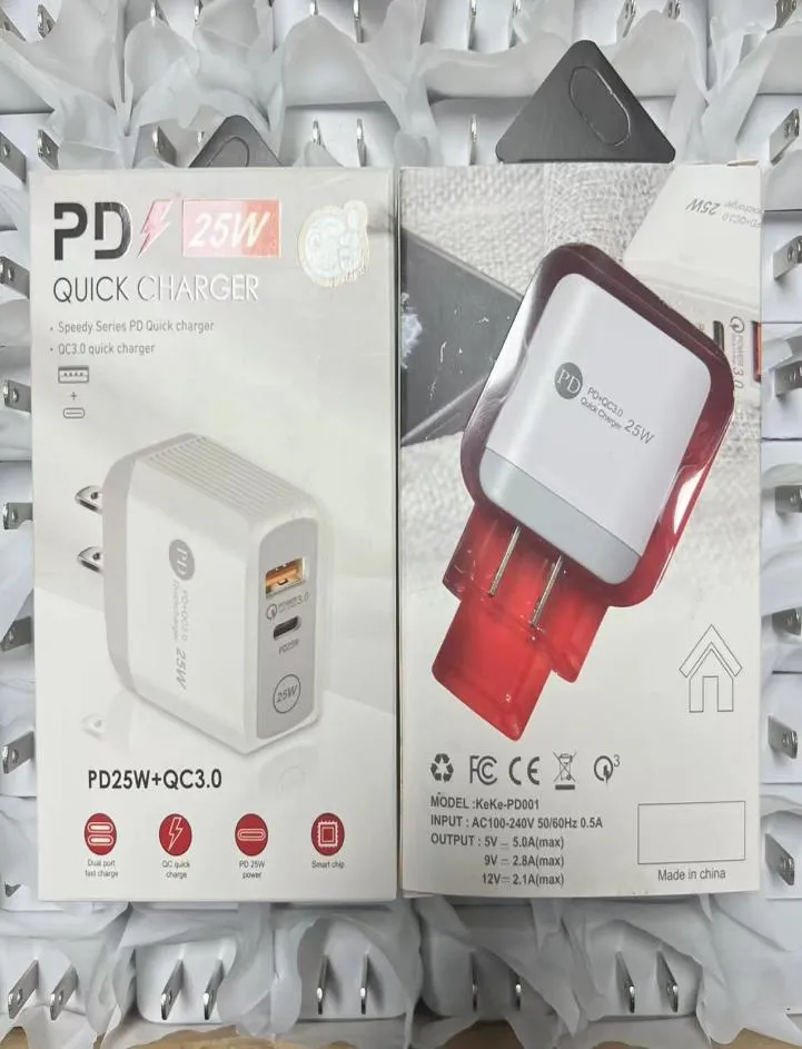 Carregador AC Quick Charge QC30 PD 18W 25w USB Tipo C Adaptador de carregador de parede para celular para iPhone Samsung UE UK US Plug Portas duplas 4218688