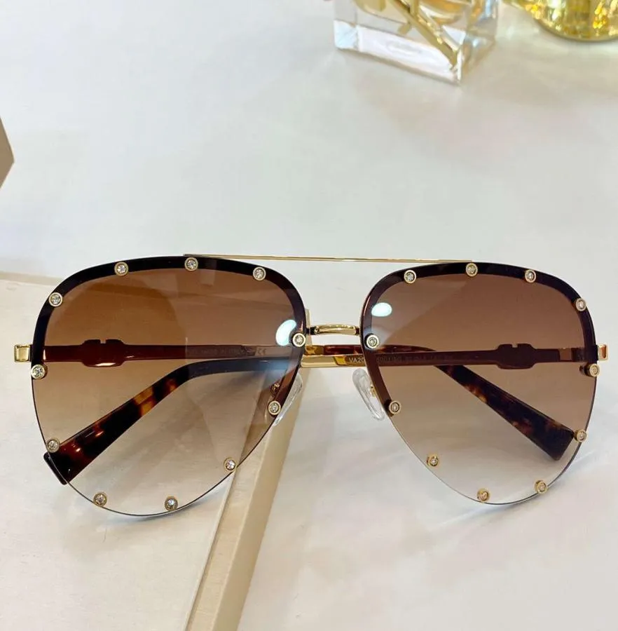 Randlose Piloten-Sonnenbrille mit Nieten, Goldbraun, schattiertes Brillenglas, Damen-Sonnenbrille, neu mit Box 6592905