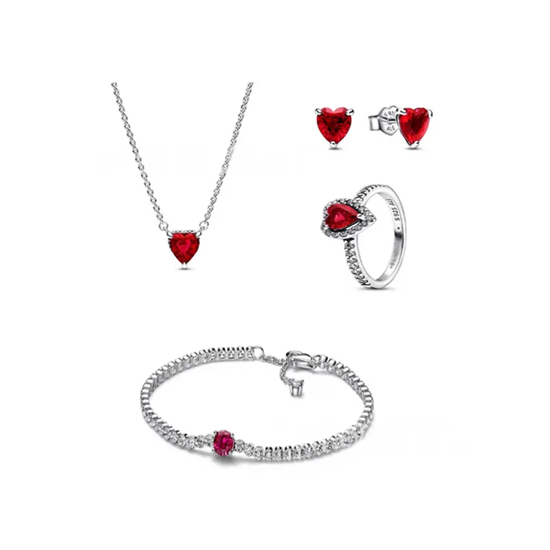 S925 Ensembles de bijoux authentiques en argent sterling Colliers Bracelet Bague Boucle d'oreille Femmes Zircon rouge avec boîte originale Cadeau d'anniversaire de Noël N032