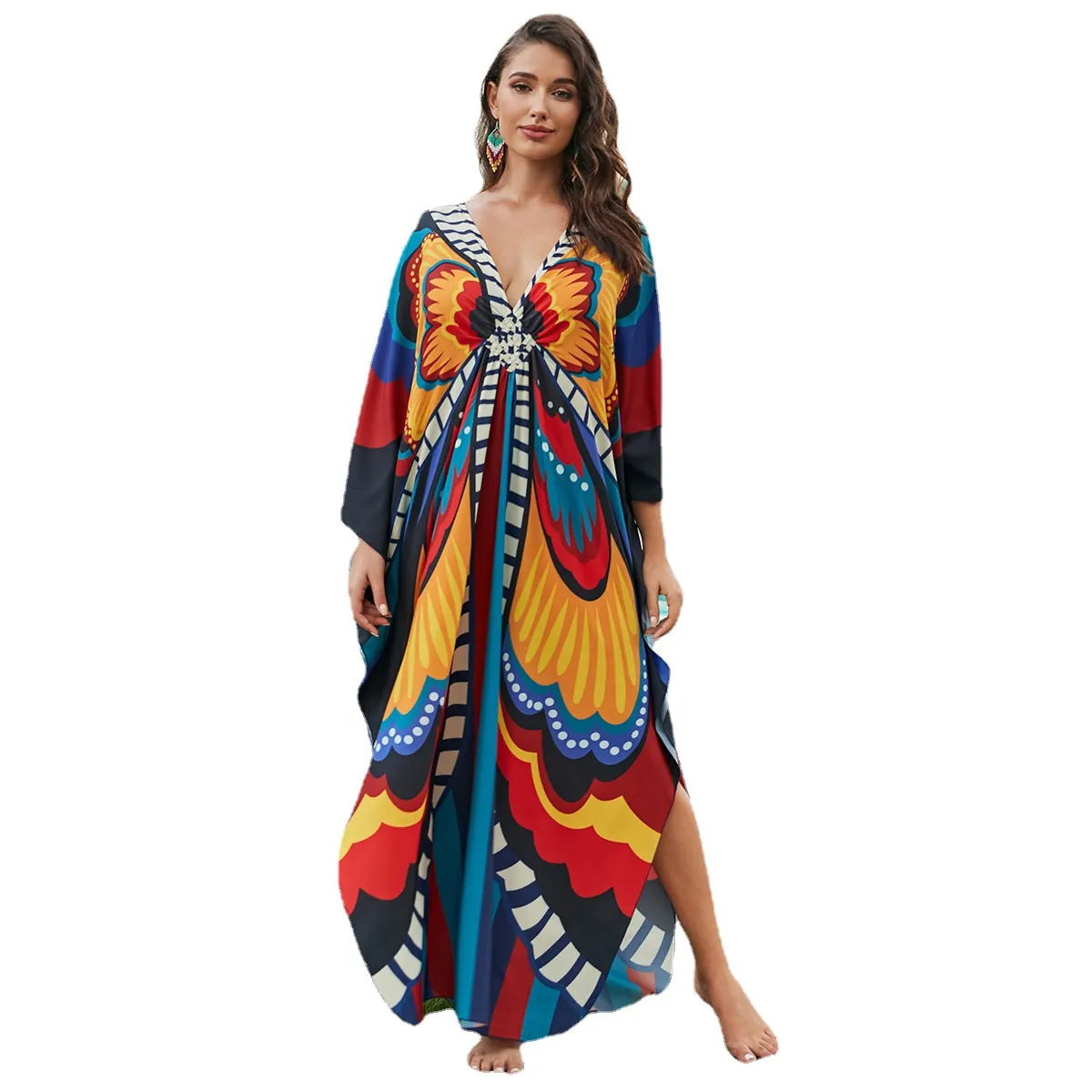 Women Beach Wear Cove Cove Ups Print Long Sleeve Beach Swimsuit Cover Up Dresses