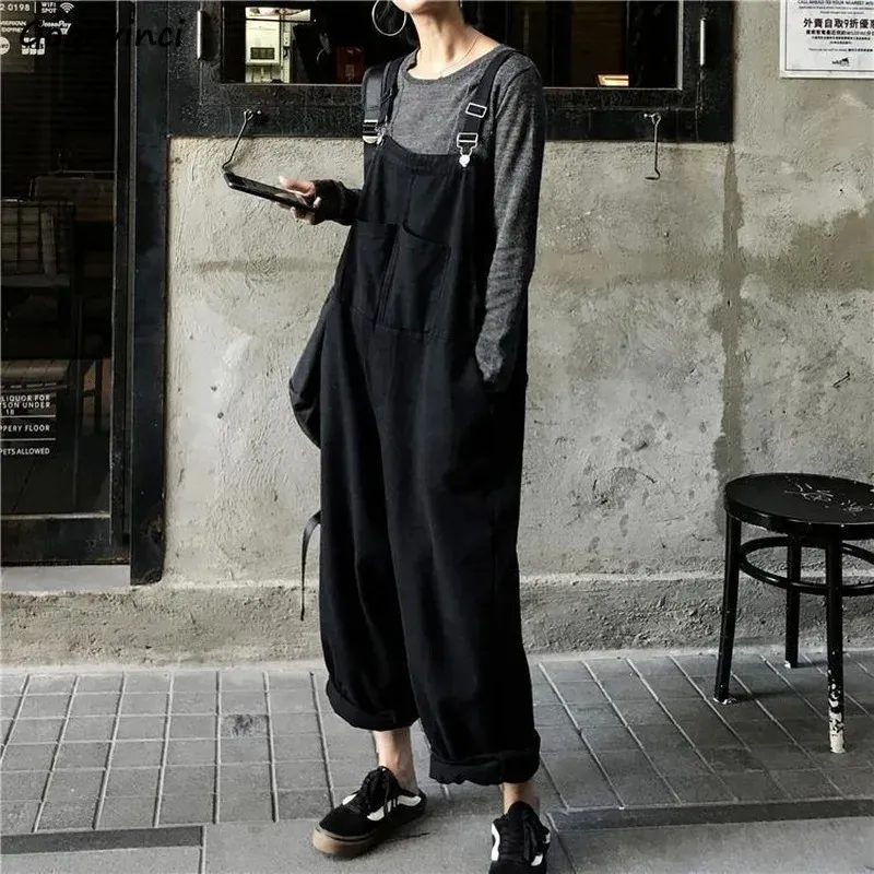 Women Jumpsuit Denim Loose Elegant Lovely Harajuku All-match Female Leisure Chic Overalls Retro Trendy Front Pocket Fashion 240229