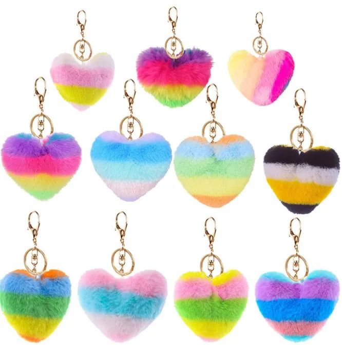 Fashion Splicing Heart Ball Pom Pom Keychain Fluffy Faux Rabbit Fur Pompom KeyChain Women Bag Charms Trinket Christmas Keyring