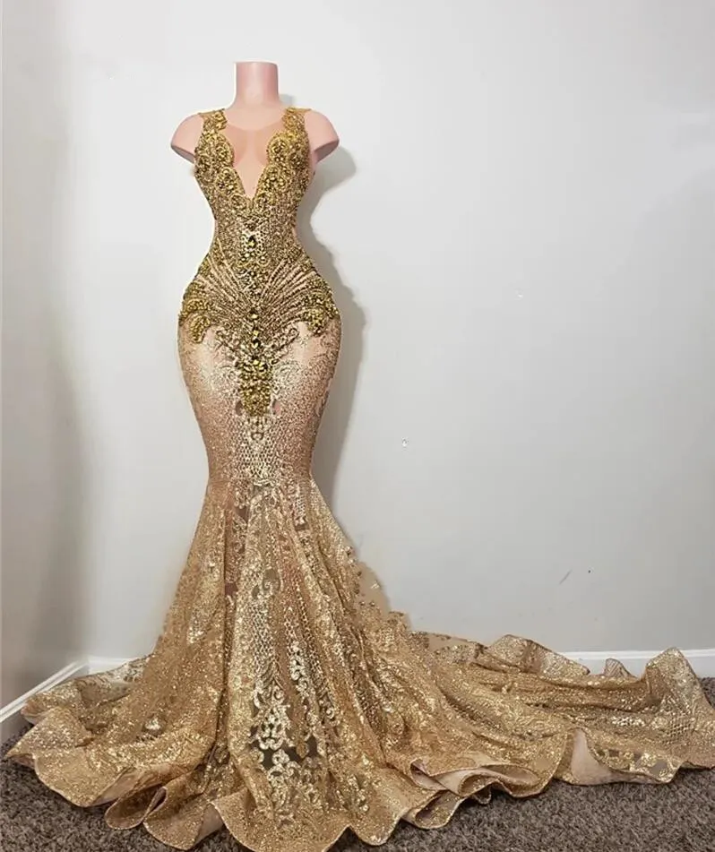 Diamonds Long Gold Evening Dresses 2024 Sparkly Beads Rhinestone Crystal equins party party prom rebe 0303