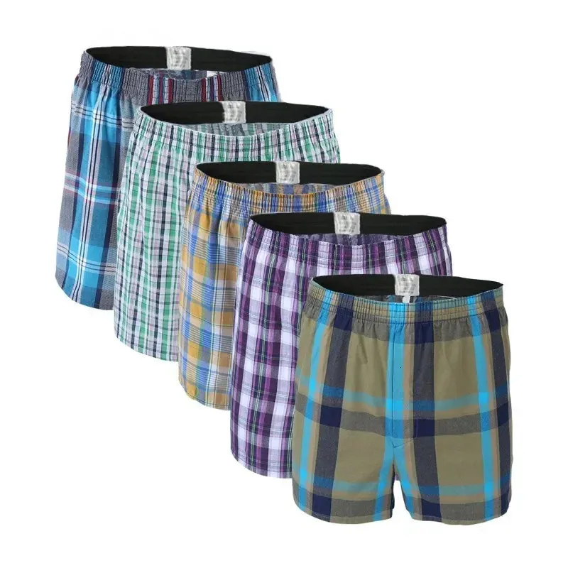 5Pcslot Boxer hommes mince sous-vêtements d'été coton homme grande taille court respirant Plaid Flexible Shorts Boxer mâle caleçons 240229