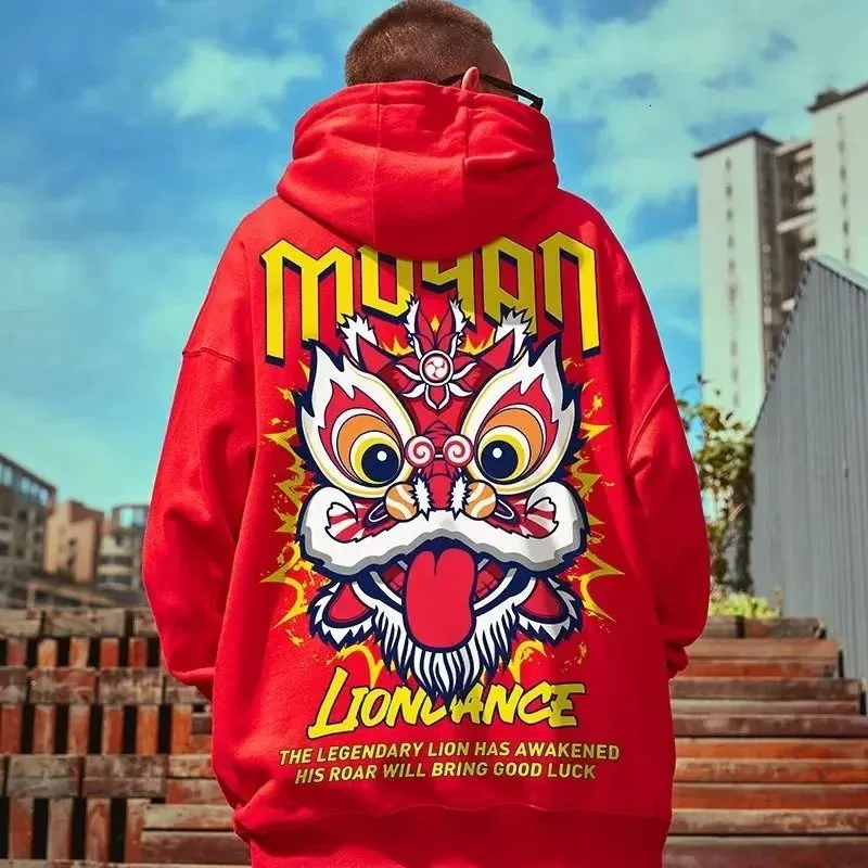 İyi Şans Aslan Dans Baskı Erkekler Hoodies Sıradan Komik Polar Gevşek Tişörtü Büyük Boy Cadde Y2K Krop Hoodie Giysileri 240227