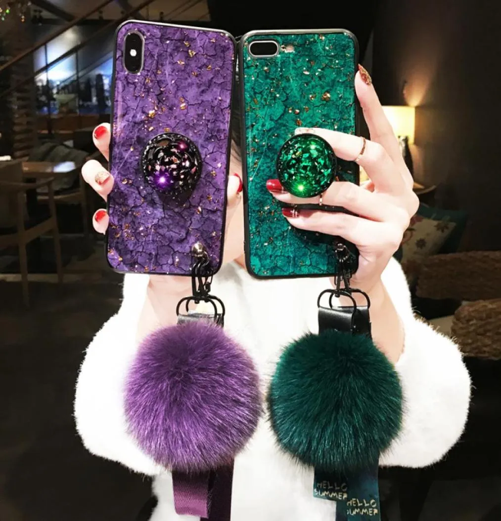 For iPhone X XS Max XR Fire Cracked Marble Hairball Lanyard Mobile Shell iphone 7 8 6 6s Plus Rhinestone Bracket7689955