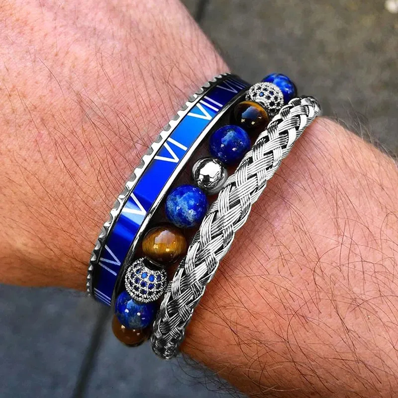 Luxury 3PC/Set Royal Stali Stal Stael Roman Bracelets Banles Blue C Ball Lapis Lazuli Stone Braided Biżuteria do kropli 240219