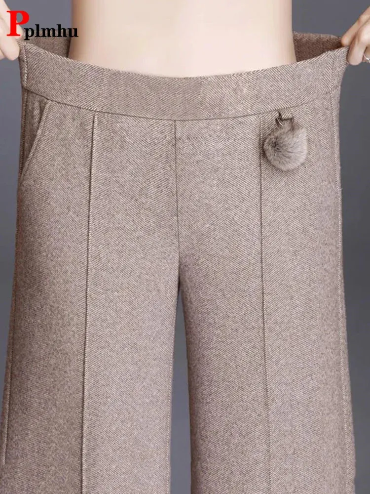 Ponowne 4xl formalne prążki prążkowane szerokie nogi spodni wysokiej talii Koktajl Praca Pantalones Autumn Loose Woolen Blend Dams Spodni 240228