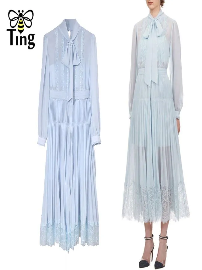 Summer Self Portrait Dress Women Long Sleeve Lace Patchwork Maxi Vintage Bow Party Dinner Pleated Robes 2105139427821