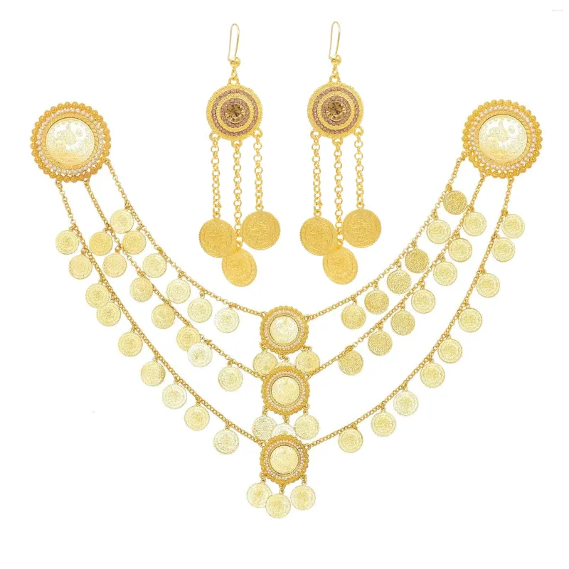 Collana di orecchini Set di monete d'oro Set di catene lunghe dell'India turca Nappa Fiore di cristallo Collane con spille Gioielli Boho Afghani