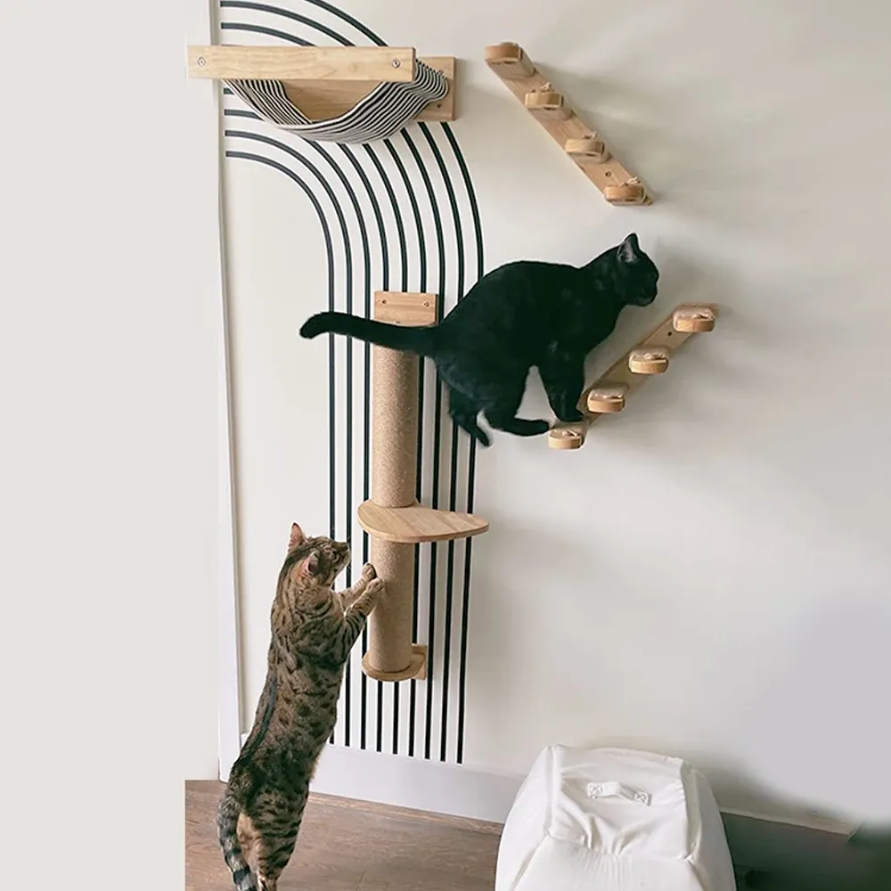 Scratchers Cat Activity Tree With Scratching Posts väggmonterad sisal skrapare trä hängmatta klättringshylla trappa abborre plattformsleksak