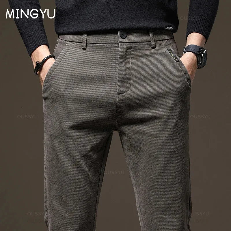 2023 Autumn Winter High Quality Pants Men Elastic Waist Slim Thick Coffee Twill Brand Cargo Trousers Male Plus Size 2838 240229
