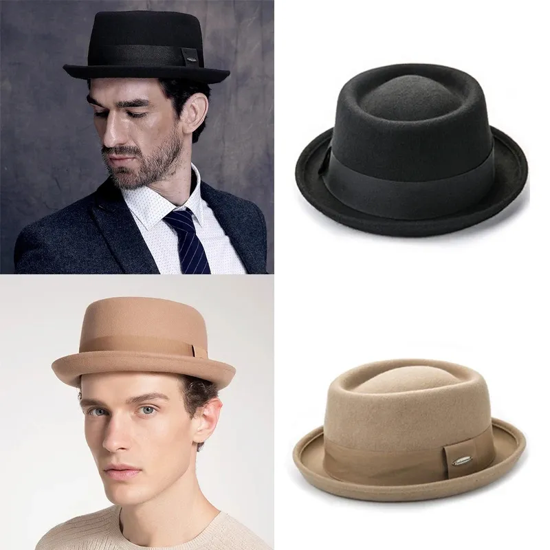 Vintage Hat Men Wide Brim Wool Felt Fedora Black top Hats Man British Retro Jazz Ribbon Trilby Panama Gangsters Caps Gentlemen 240219