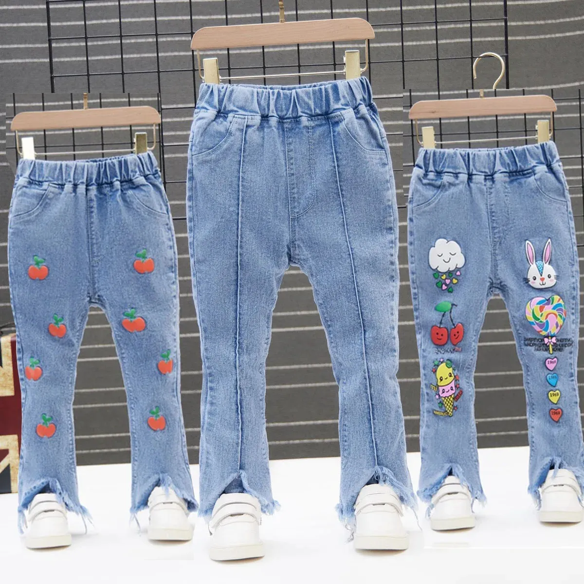 Kids Girls Denim Jeans Pants Spring Autumn Trousers Elastic Waistband Tassel Hem Bellbottom Style Long 90130 240227