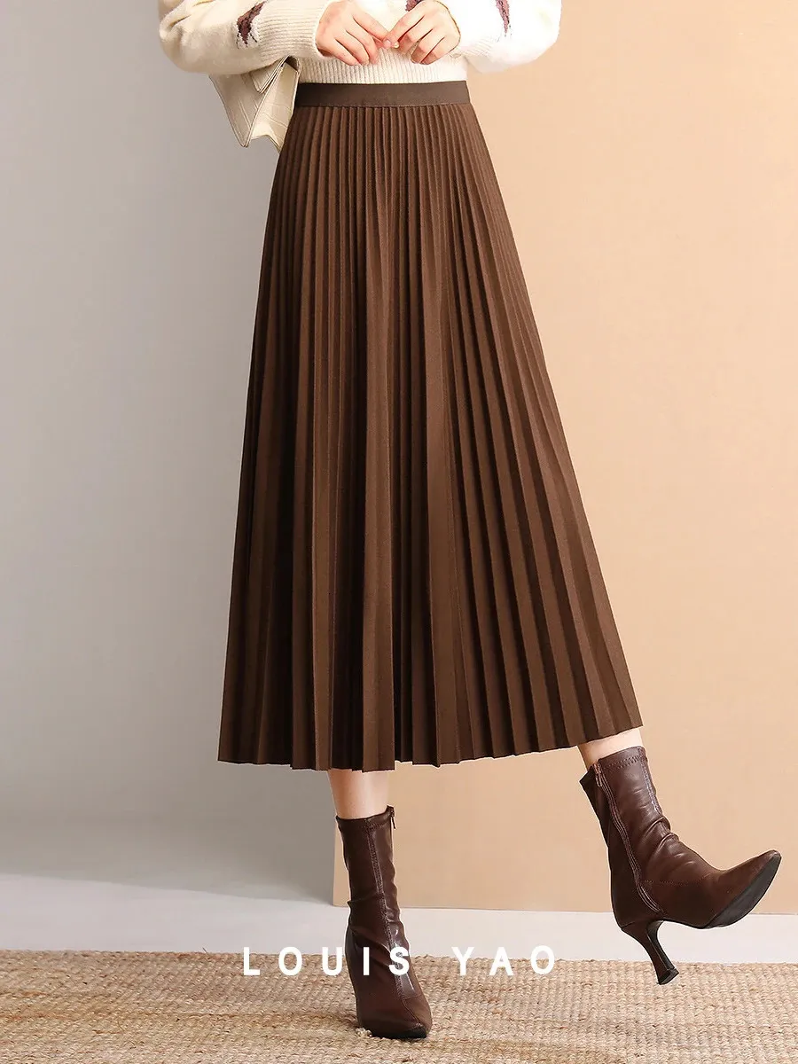 LOUIS YAO Highwaisted Pleated Skirt Elastic Waistband Thick Flowy AutumnWinter Fashionable Long Midi Dress for Women 240227