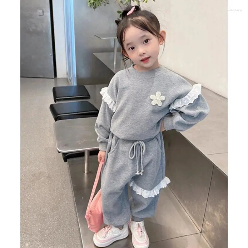 Ensembles de vêtements Automne Bébé Fille Vêtements Ensemble Enfants Gaufre Dentelle Pull Pull Haut Et Pantalon Costume Floral Sweat-shirt Sweatpant Outfit